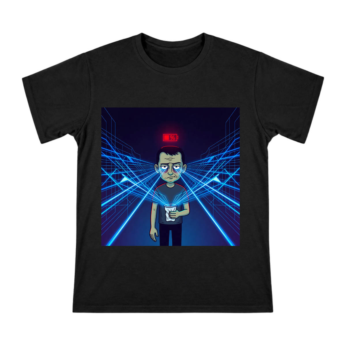 Cyberburnout: Caffeine-Fueled Laser Gaze T-Shirt front [ai-pod:c6e903824695f456dda552c74b2351f9]
