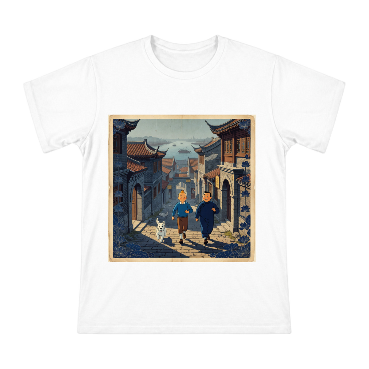 Tintin and Chang Chong-Chen in Old Shanghai Shikumen Alley Men's Cotton T-Shirt front [ai-pod:af280b7860483907707396c952121b51]
