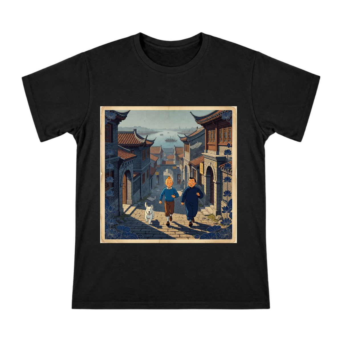 Tintin and Chang Chong-Chen in Old Shanghai Shikumen Alley Men's Cotton T-Shirt front [ai-pod:f99e0c17a3f59a12a04100cd705c15a2]