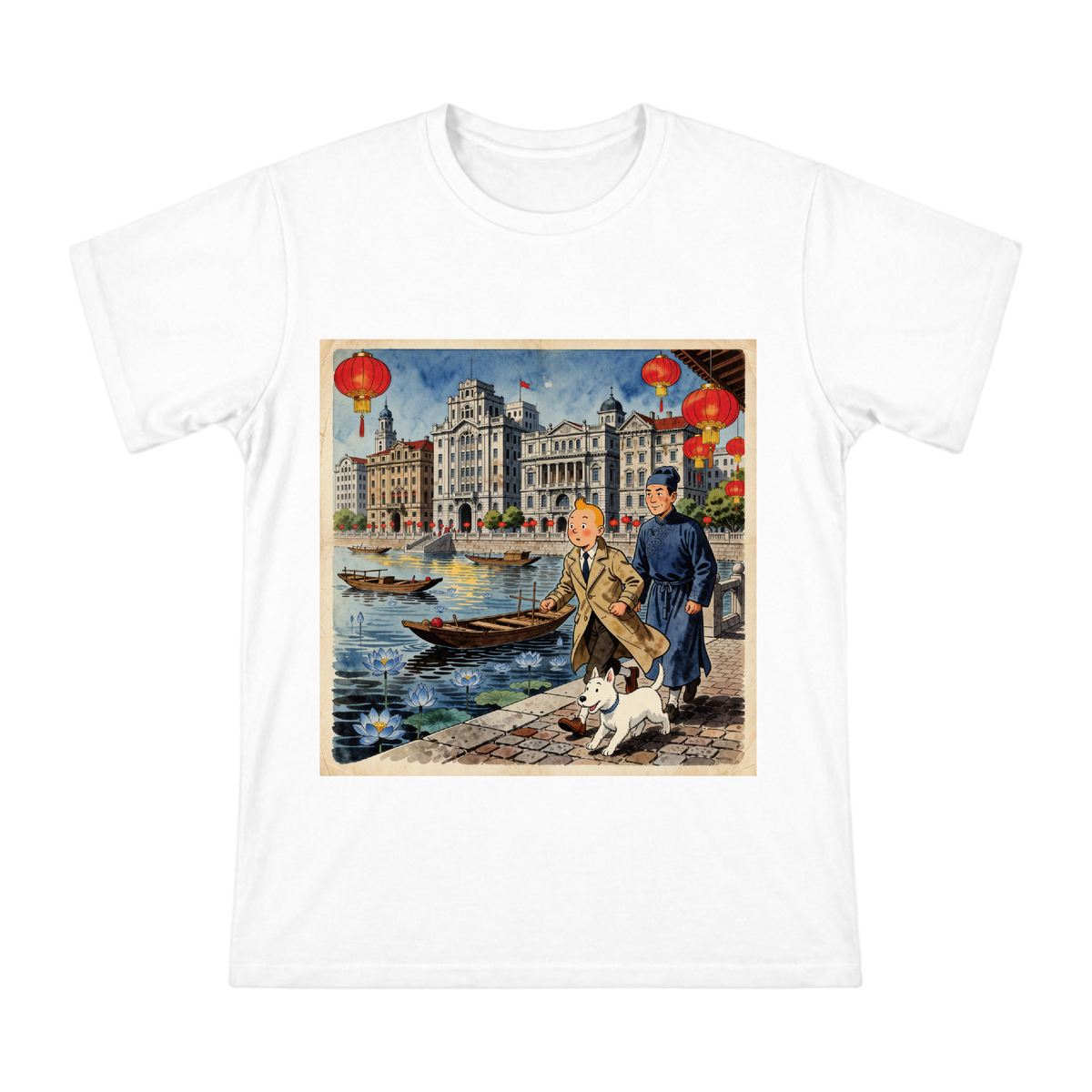 Tintin and Zhang Chongren Walking on the Old Shanghai Bund Men's Cotton T-Shirt front [ai-pod:035e80c998adc7a913ddec7fa6bb08e3]