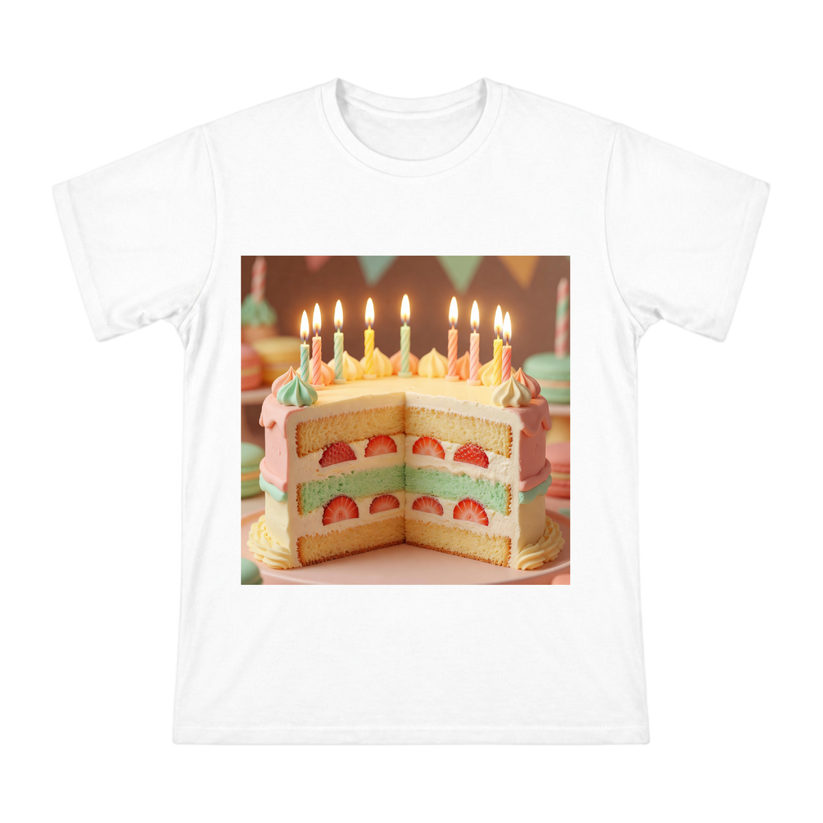 Macaron Strawberry Layer Cake Print Men's Short Sleeve T-Shirt front [ai-pod:7981ed434735a52fb4919a7874e90411]