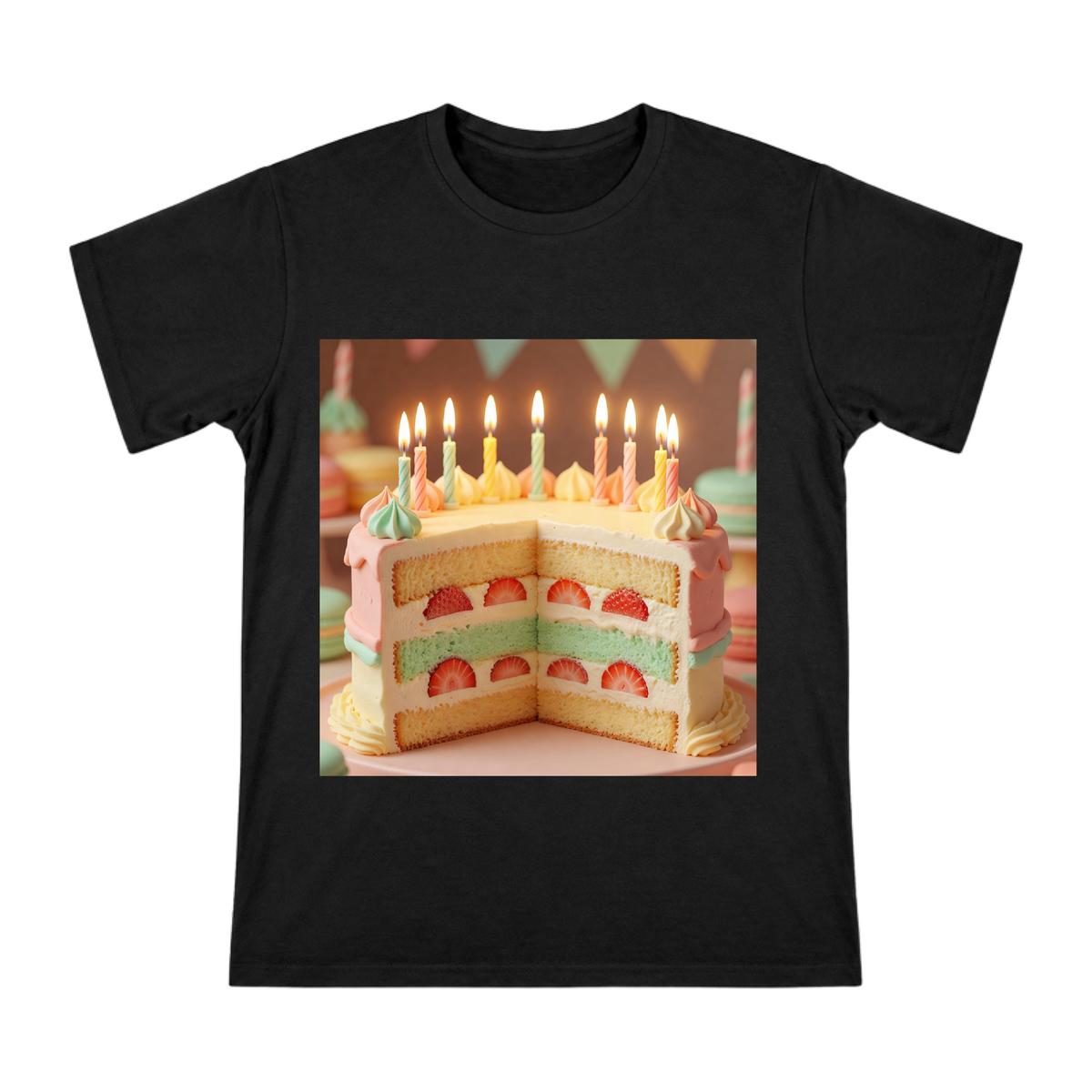 Macaron Strawberry Layer Cake Print Men's Short Sleeve T-Shirt front [ai-pod:81fae772c171f01ae9a7e44fc82d7280]