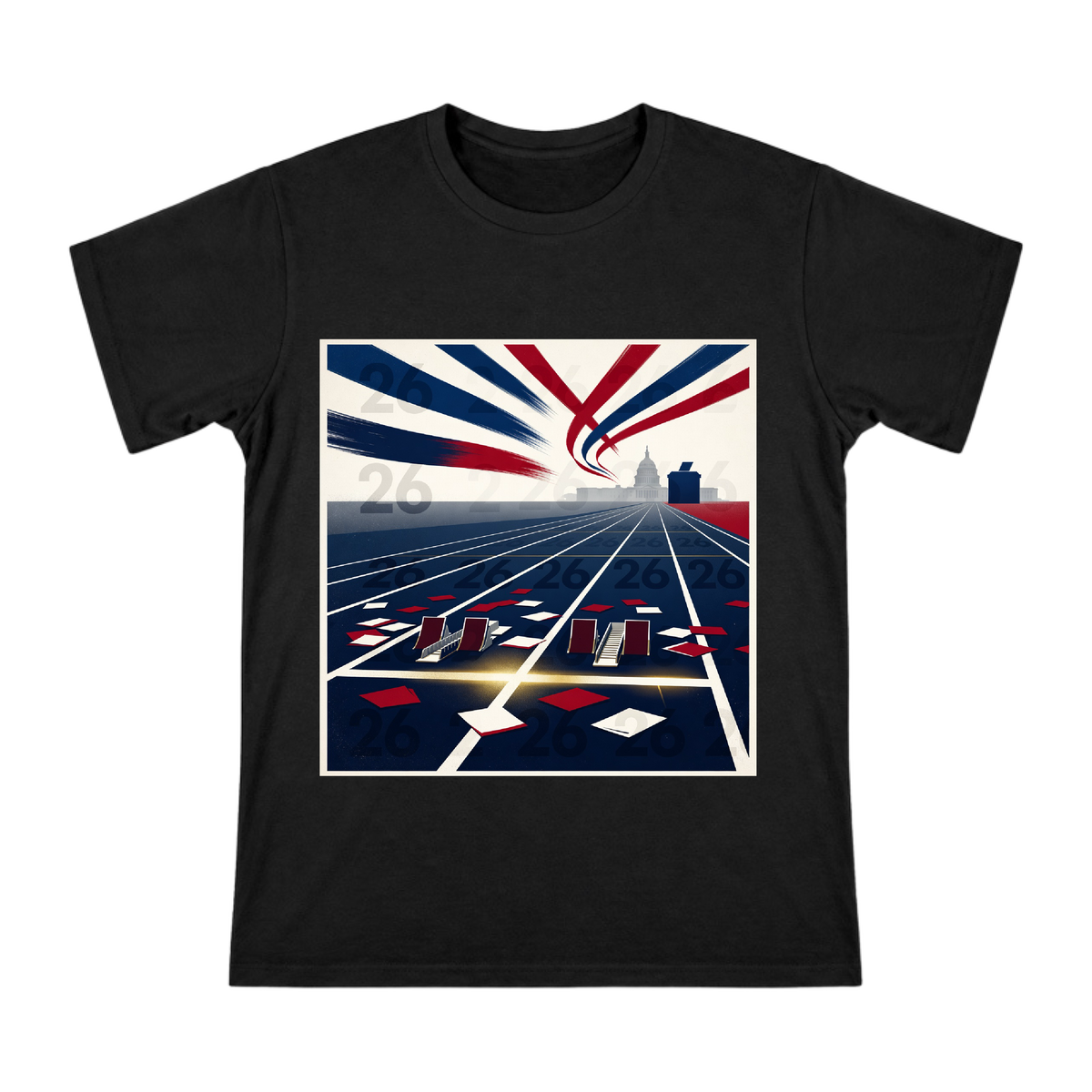 2026 Midterm Election Starting Line Retro Political Poster T-Shirt front [ai-pod:0d650a0d1d8512ecd38cca90d0eed311]