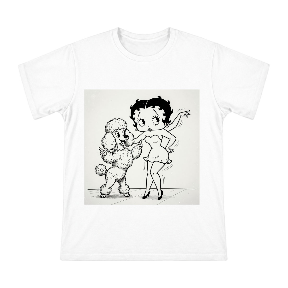 1930s Jazz Age Betty Boop Style Cartoon with Poodle on Men's Cotton T-Shirt front [ai-pod:26e9c8da372b20bad74198004f1edf52]
