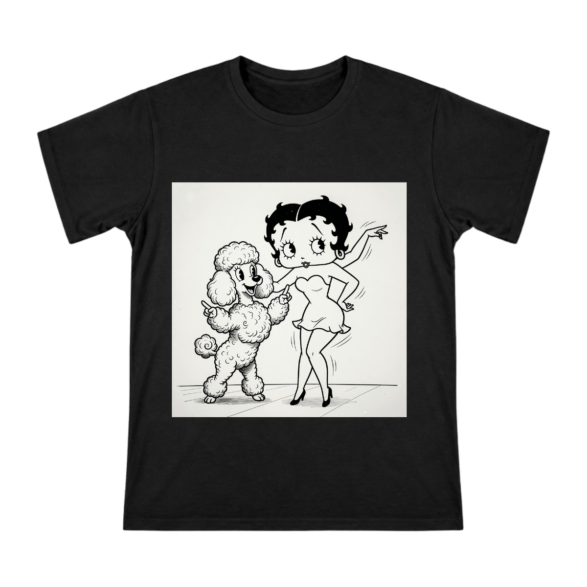 1930s Jazz Age Betty Boop Style Cartoon with Poodle on Men's Cotton T-Shirt front [ai-pod:dfe2c8e2d646fa32791540ee9c605b41]