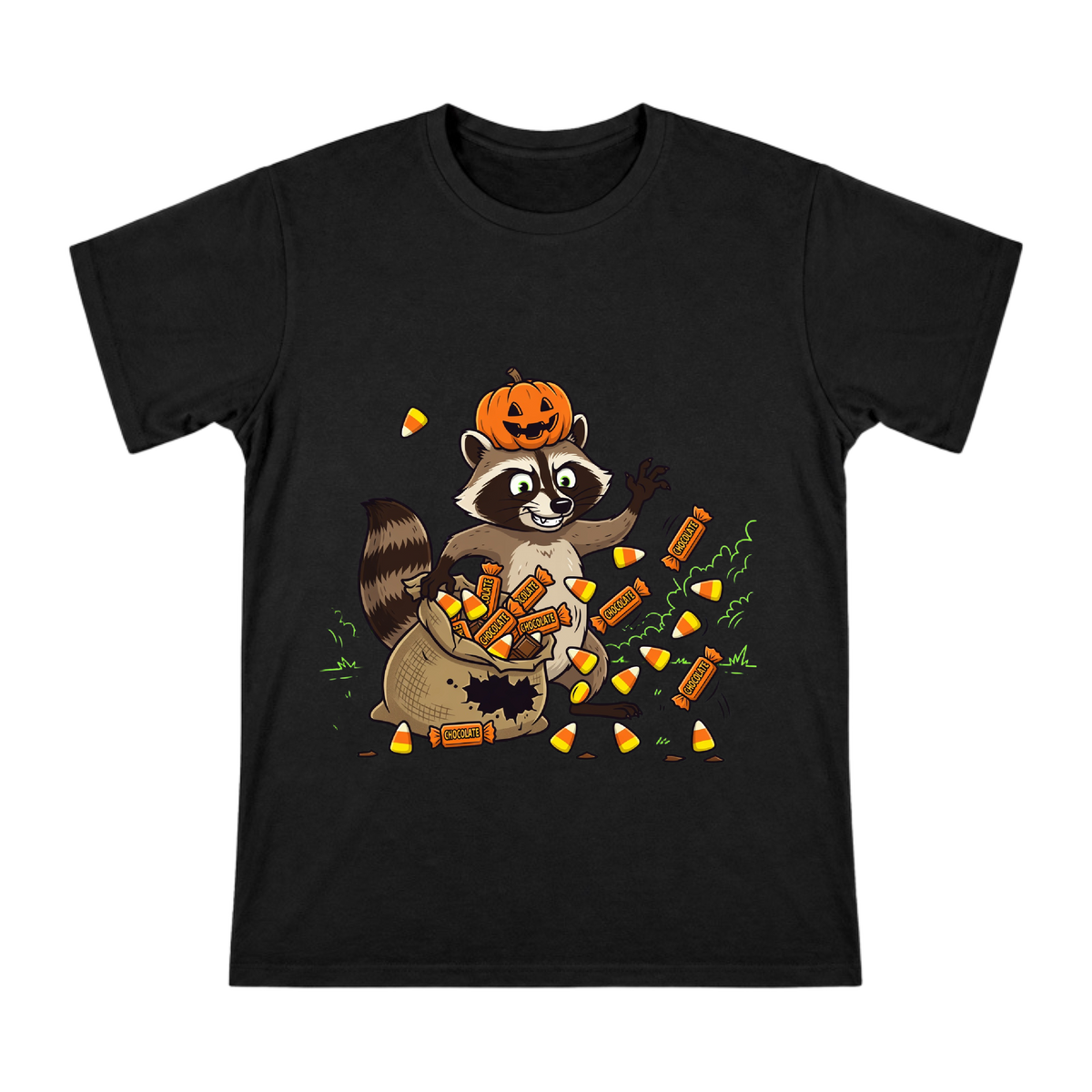 Cunning Raccoon with Pumpkin Headpiece and Halloween Snacks Men's Custom T-Shirt front [ai-pod:3991299c40aba514aa7c04d52498e892]