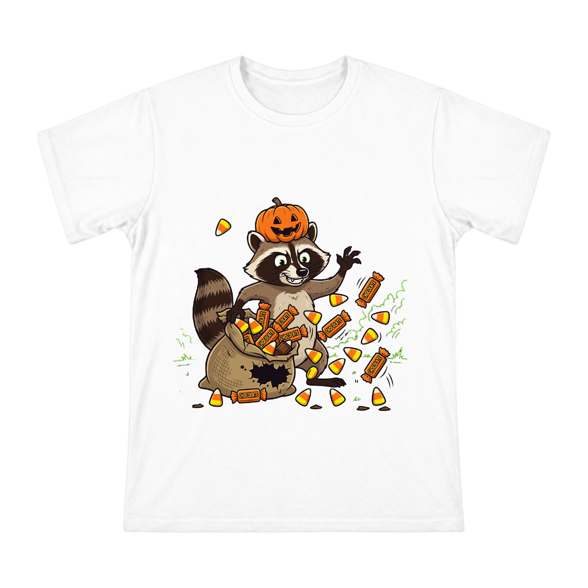 Cunning Raccoon with Pumpkin Headpiece and Halloween Snacks Men's Custom T-Shirt front [ai-pod:b608a864fdb931f60d4e20f0d5bfb0aa]
