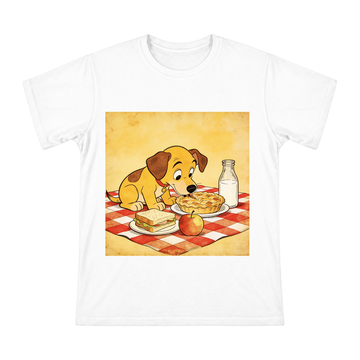 Vintage Cartoon Puppy Picnic Illustration Men's Short Sleeve Cotton T-Shirt front [ai-pod:e7d92c2e31693a8ee55bac469e5b2798]
