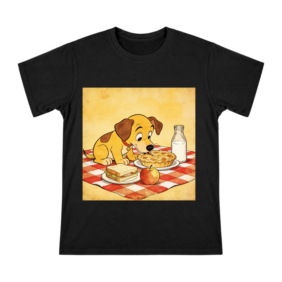 Vintage Cartoon Puppy Picnic Illustration Men's Short Sleeve Cotton T-Shirt front [ai-pod:ca29edb3c05f761003f8b6aaacb89a13]