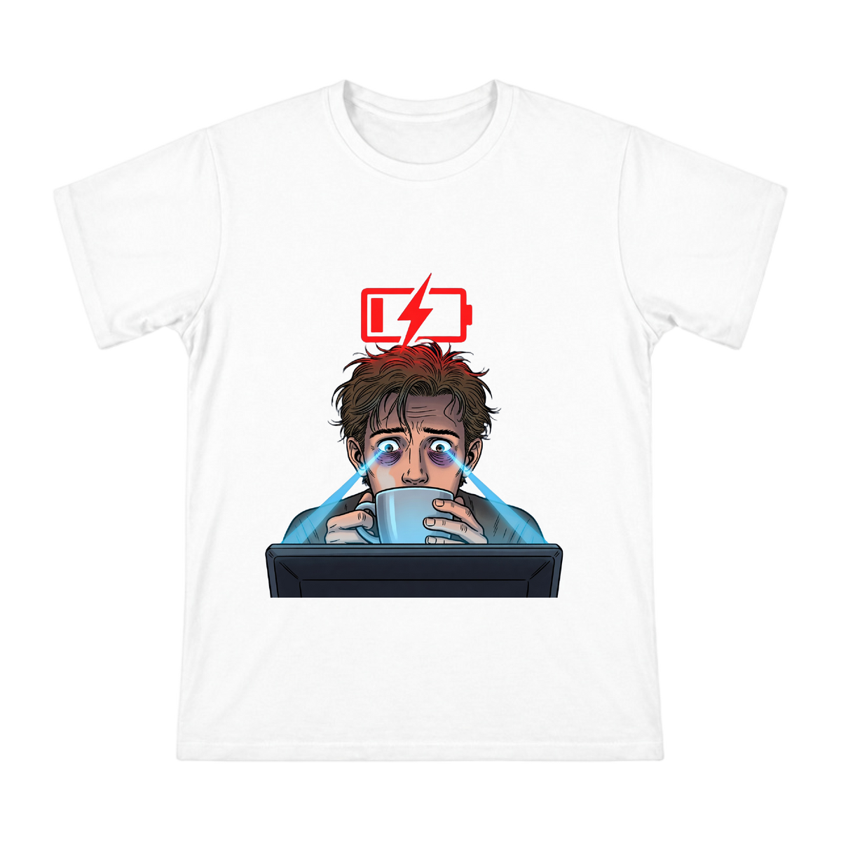 Exhausted Office Worker Low Battery Comic Art Men's Cotton T-Shirt front [ai-pod:abbc546078531661e4dac84bfd9afe0d]