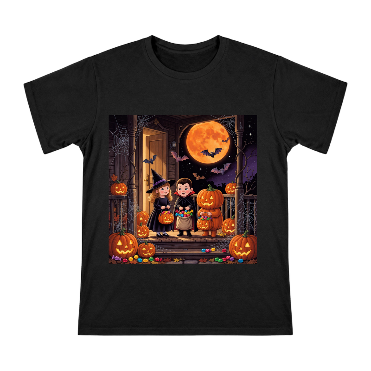 Cute Halloween Trick-or-Treaters Custom Men's Cotton T-Shirt front [ai-pod:2227a0497ddfa2269f3e64a1307f87f8]