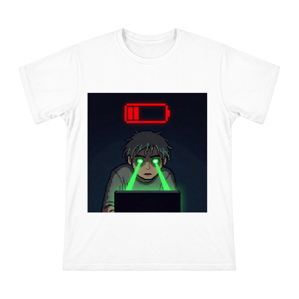 Pixel Art Exhausted Programmer With Green Laser Eyes And Low Battery Icon Men's Custom T-Shirt front [ai-pod:872ea1cd673bd9b7b2d7762e1fd54d2f]