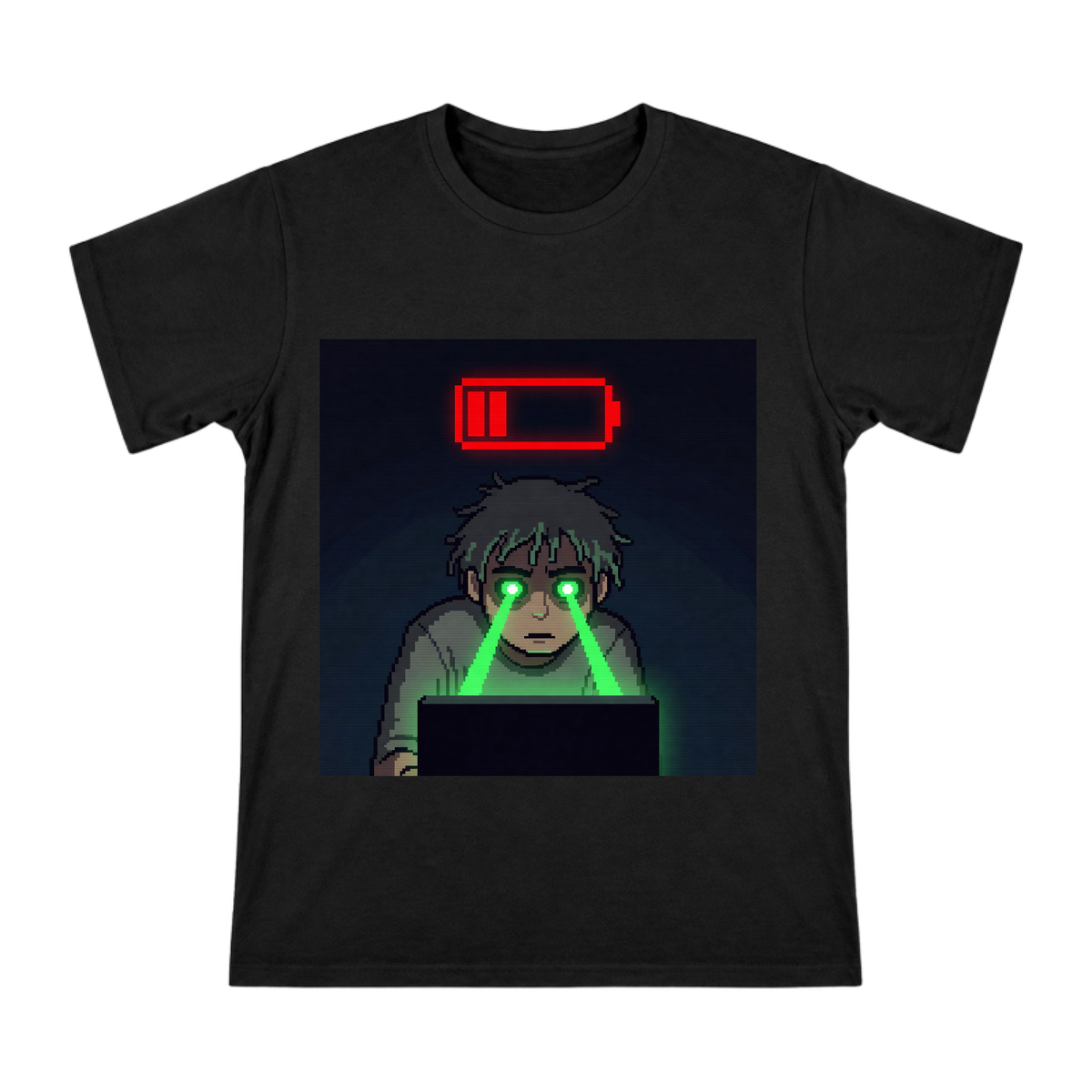 Pixel Art Exhausted Programmer With Green Laser Eyes And Low Battery Icon Men's Custom T-Shirt front [ai-pod:0ddafddb102558013c8164d469a5ba48]