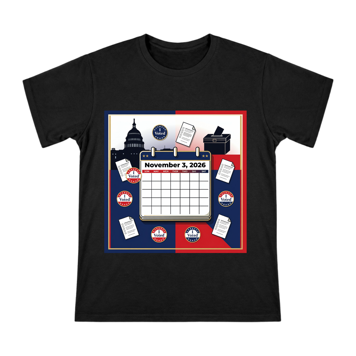 2026 US Election Day Calendar & Voting Illustration Men's Short Sleeve T-Shirt front [ai-pod:32e1e7e25e7a039f58cad158a06e5c47]