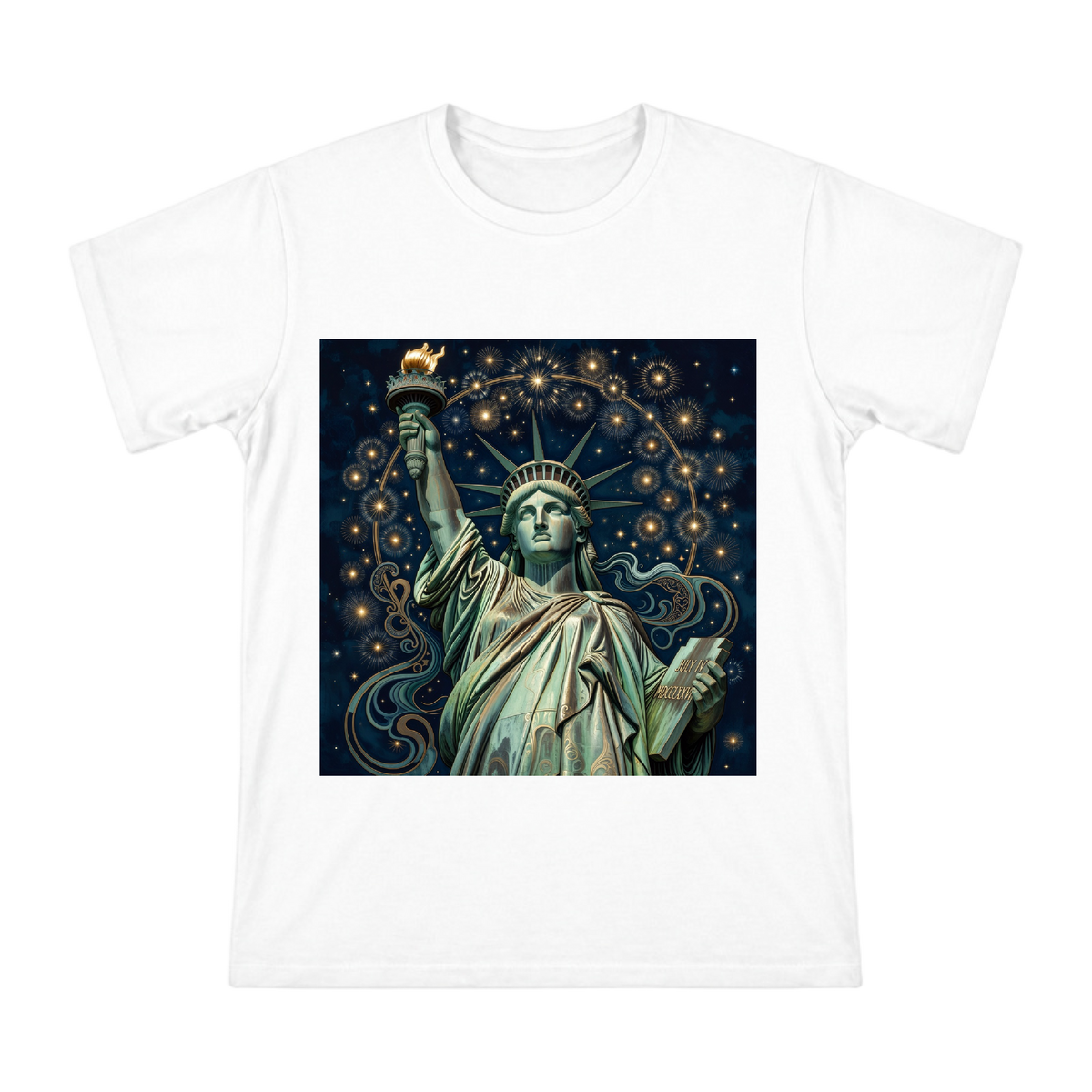 Art Nouveau Statue of Liberty Vintage Print Men's Cotton T-Shirt front [ai-pod:d8b0eb23acdf268b7cde40e8443ed827]