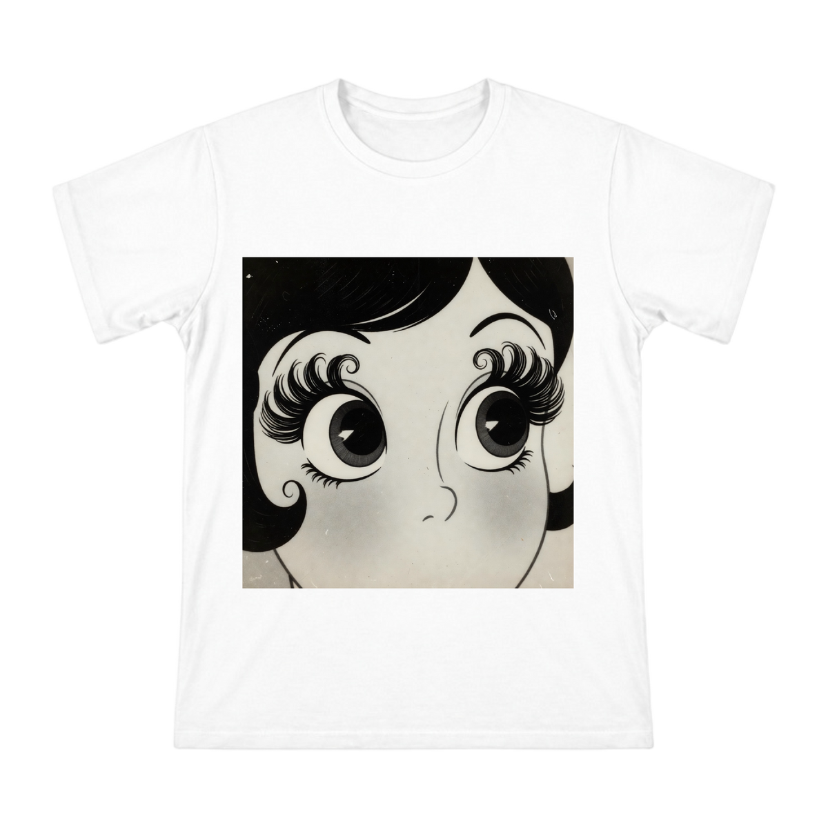 Vintage Cel-Shaded Betty Boop Style Big Eye Portrait Men's Cotton T-Shirt front [ai-pod:4c31b779453d78ec2a6afdf9507616ae]