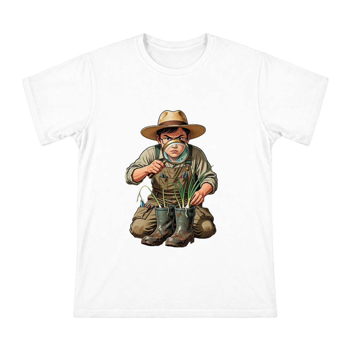 Gardener with Magnifying Glass in Rain Boots Men's Custom T-Shirt front [ai-pod:13af9f0931aa2983dfdca0187fe57fcd]