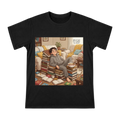Cozy Reader on Book Mountain with Instant Noodles Men's Cotton T-Shirt front [ai-pod:ab4d89acbb9e752970746fbbca458f69]