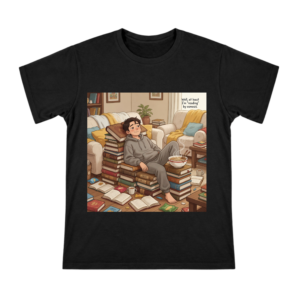 Cozy Reader on Book Mountain with Instant Noodles Men's Cotton T-Shirt front [ai-pod:ab4d89acbb9e752970746fbbca458f69]