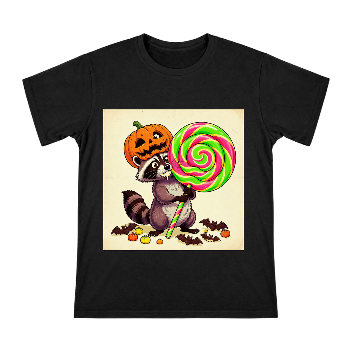 Halloween Raccoon with Giant Lollipop US Men's Cotton T-Shirt front [ai-pod:09afa1e7f3a0d34ac0b2a969a49ebbb6]
