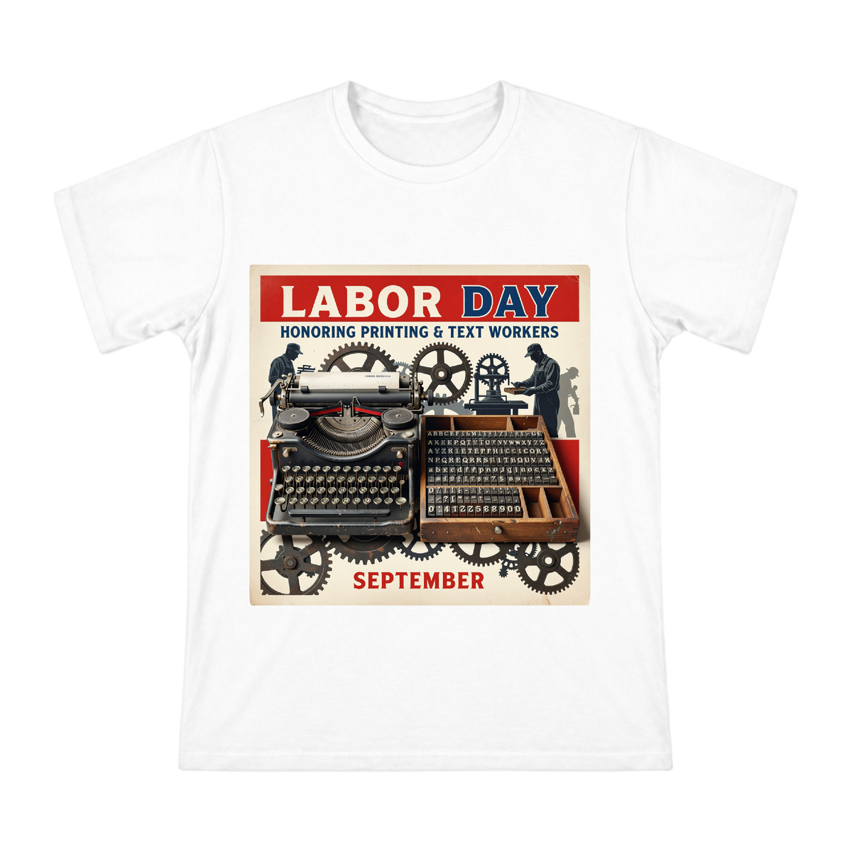 Vintage Typewriter and Wooden Type Tray T-Shirt front [ai-pod:b6c976659364a1d8cc90bf25244961f0]