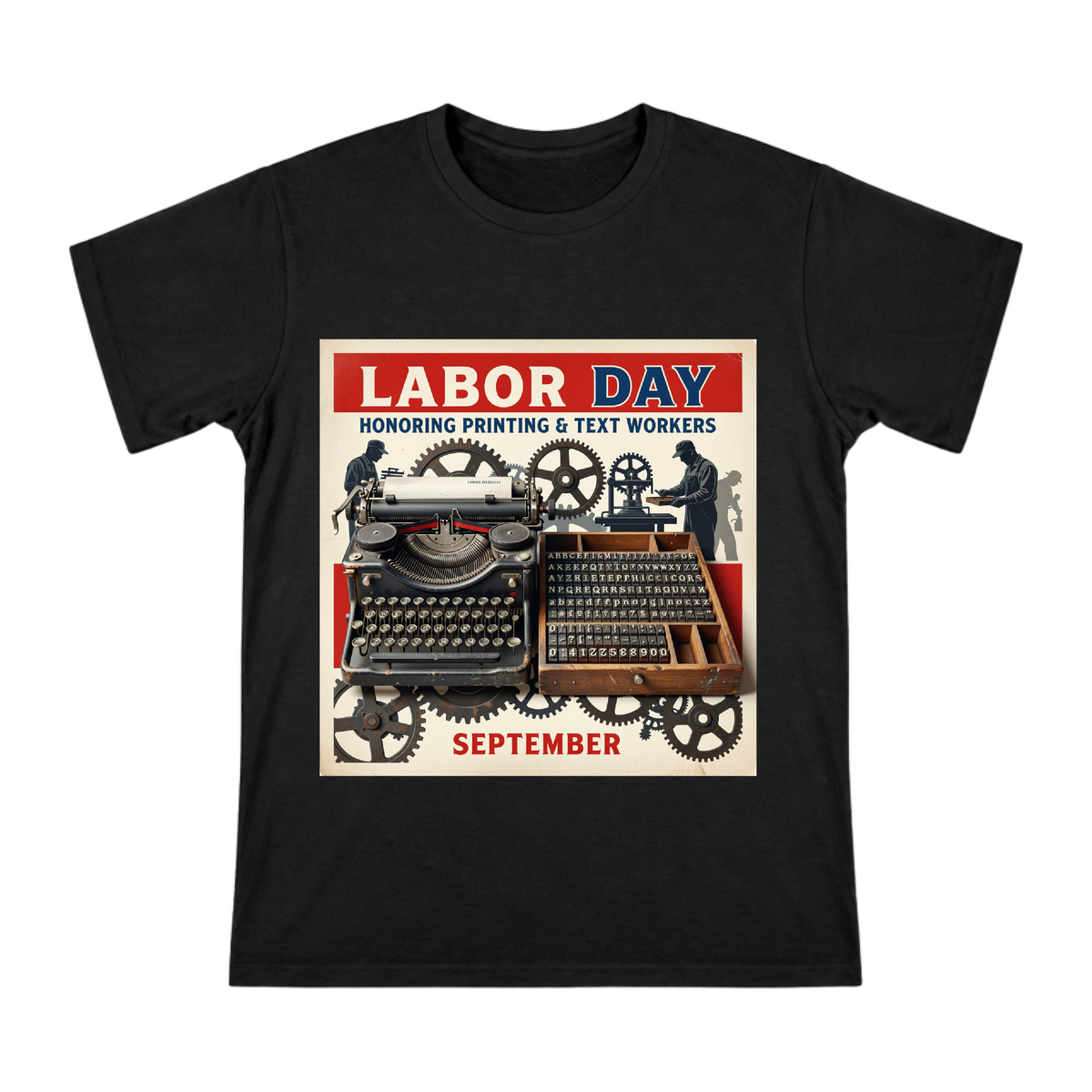 Vintage Typewriter and Wooden Type Tray T-Shirt front [ai-pod:1090e3bb2732faa4a49867376d5e3a83]