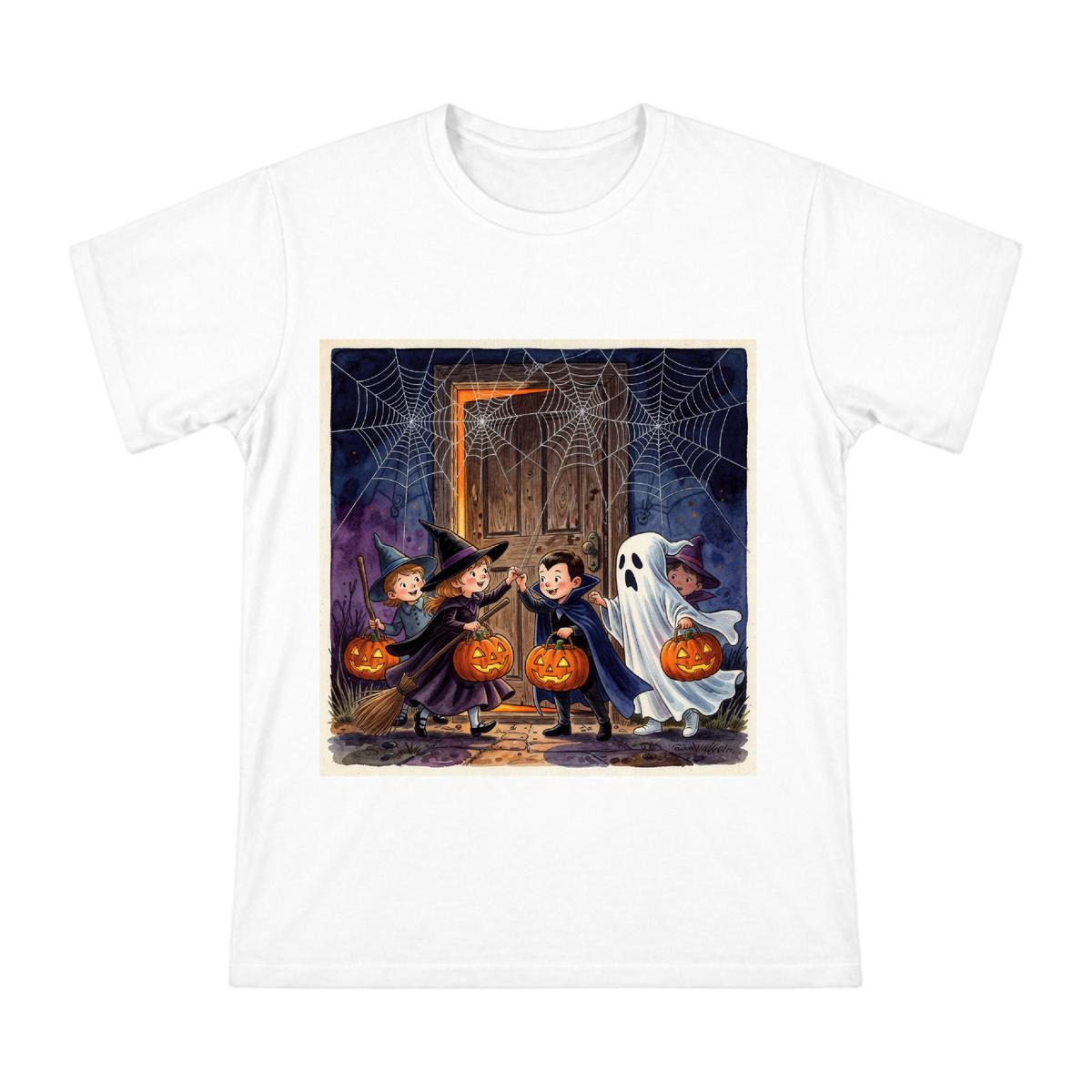 Vintage Halloween Trick-or-Treat Illustration Men's Short Sleeve T-Shirt front [ai-pod:1d26a650c6849a8b2019885d735f7839]