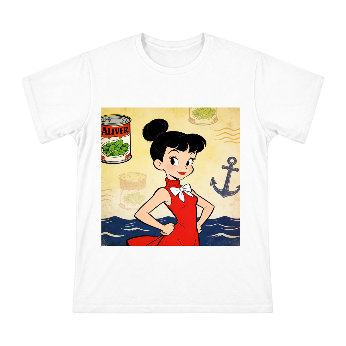 Retro 1930s Olive Oyl Cartoon Girl Print Men's Heavyweight Cotton T-Shirt front [ai-pod:86e50540d9bf6580e18d558257aa25cd]