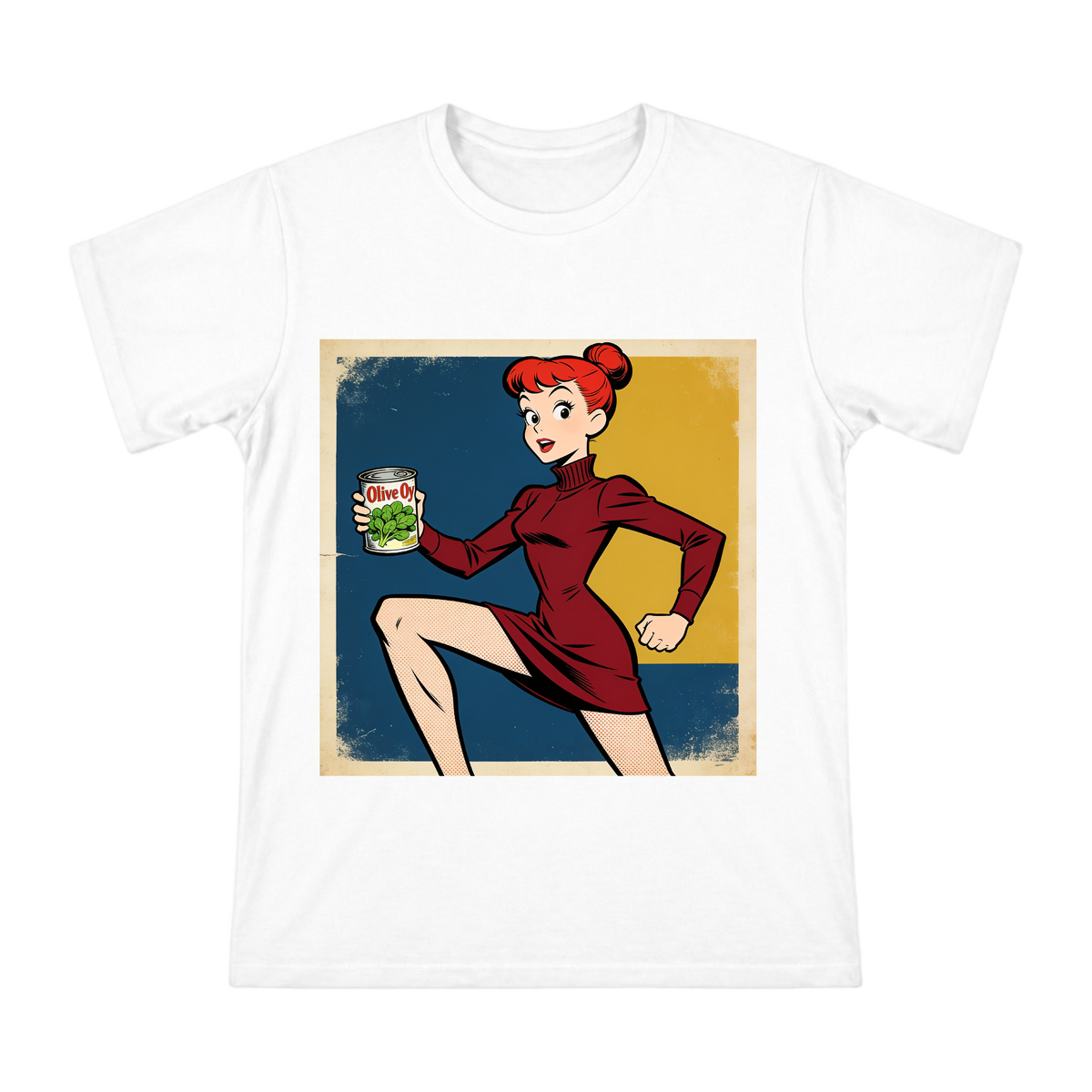 Vintage Comic Style Red-Haired Woman with Spinach Can Men's T-Shirt front [ai-pod:b3c9d5ec95eba2d3dbedbb094c2b2f54]