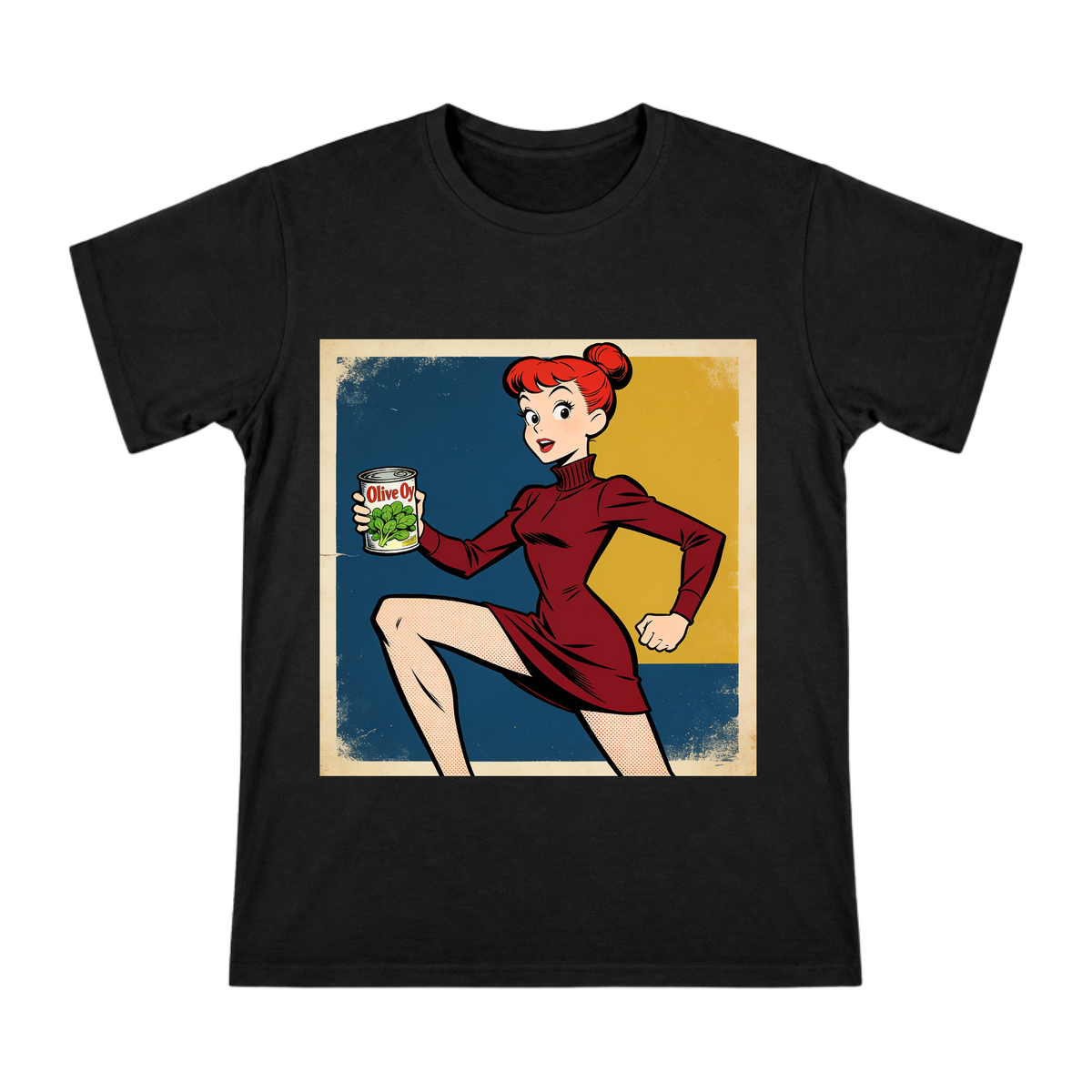Vintage Comic Style Red-Haired Woman with Spinach Can Men's T-Shirt front [ai-pod:2a299036e4a4c5906d3c536cdf25de88]
