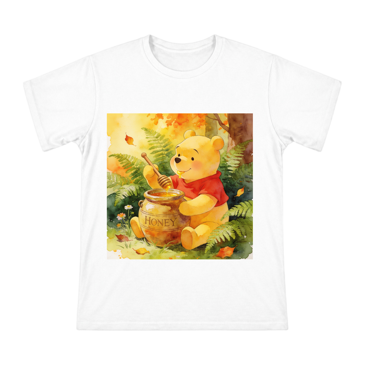 Winnie the Pooh Autumn Honey Watercolor Men's Custom T-Shirt front [ai-pod:4fc0154fcc81b7eec16d3a26d884a1b6]