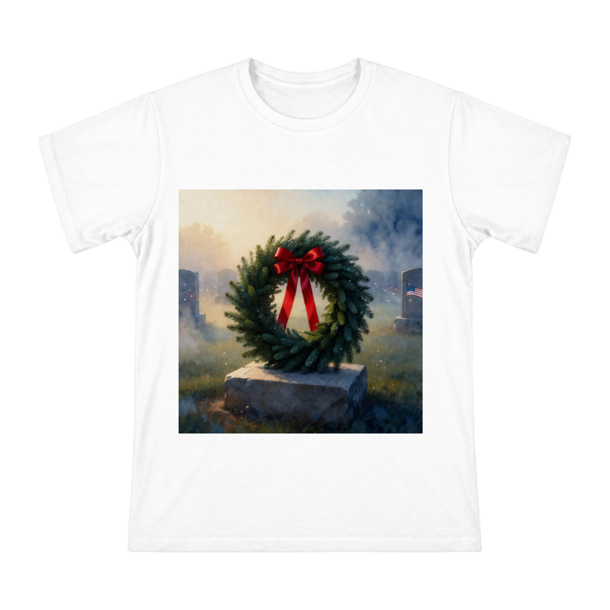 Solemn Deep Green Pine Wreath and Red Ribbon Memorial T-Shirt front [ai-pod:8a4c77d09480a43a910b6f3ae46a8801]