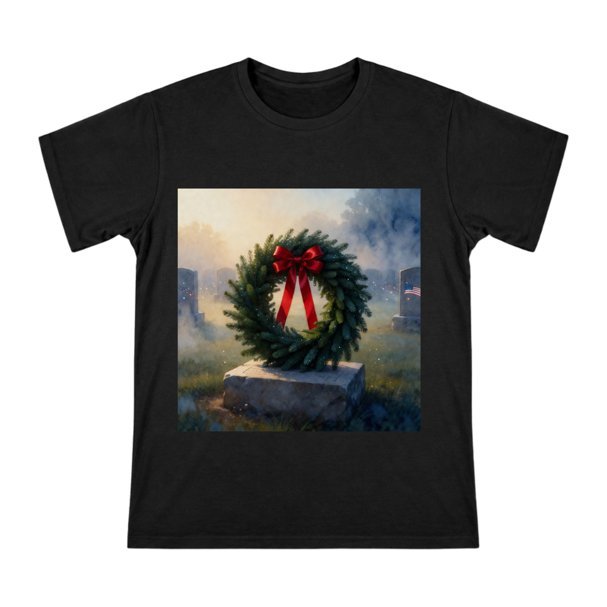 Solemn Deep Green Pine Wreath and Red Ribbon Memorial T-Shirt front [ai-pod:44dfddf3199b7666b0bb36020425155d]