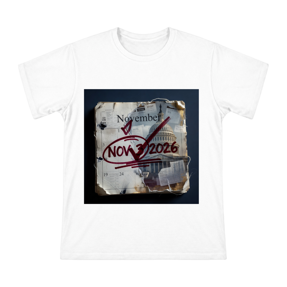 Nov 3 2026 Election Day Retro Calendar Collage T-Shirt front [ai-pod:14fab21041f008c805ce6767284c03e1]