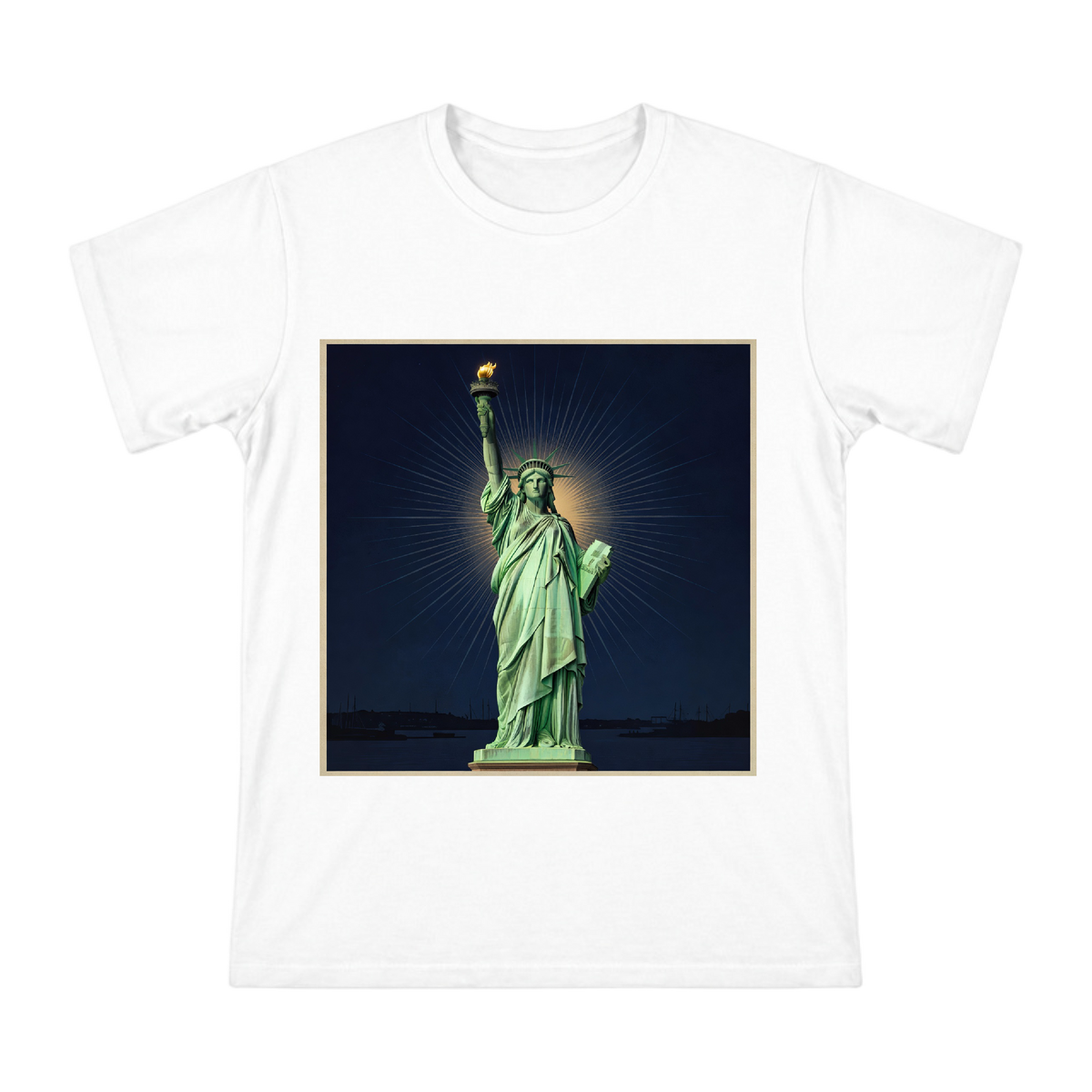 Statue of Liberty Torch Bearer Men's Custom Print Cotton T-Shirt front [ai-pod:c4f96e3a52427bbd9051d01c02c82cb8]