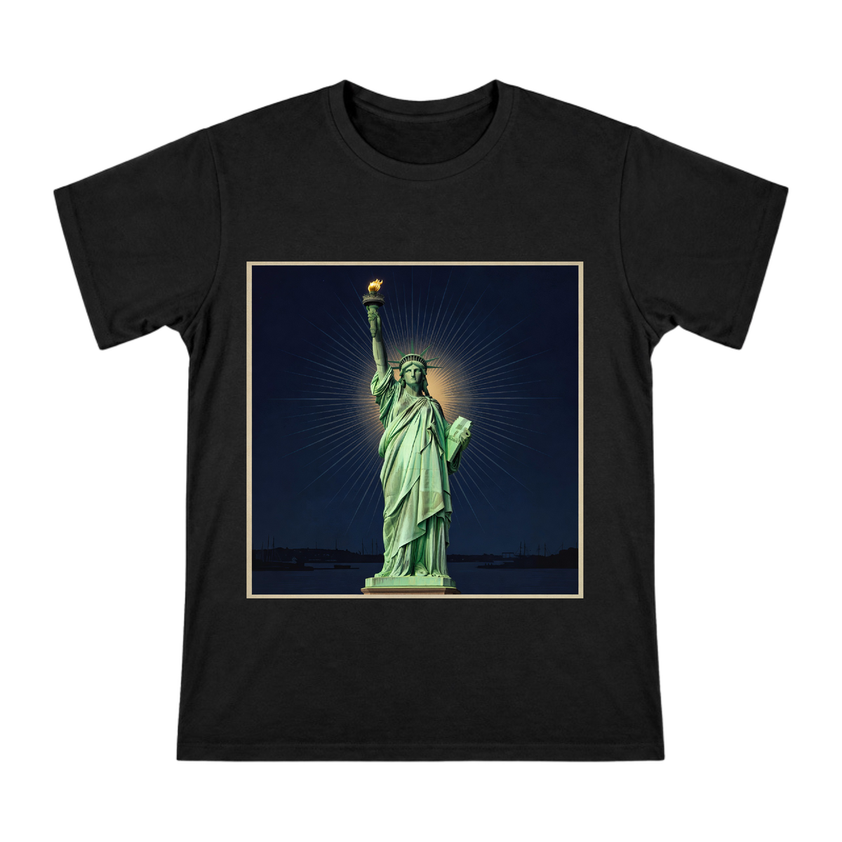 Statue of Liberty Torch Bearer Men's Custom Print Cotton T-Shirt front [ai-pod:193ea621069ed590eeadd029b0abbf84]