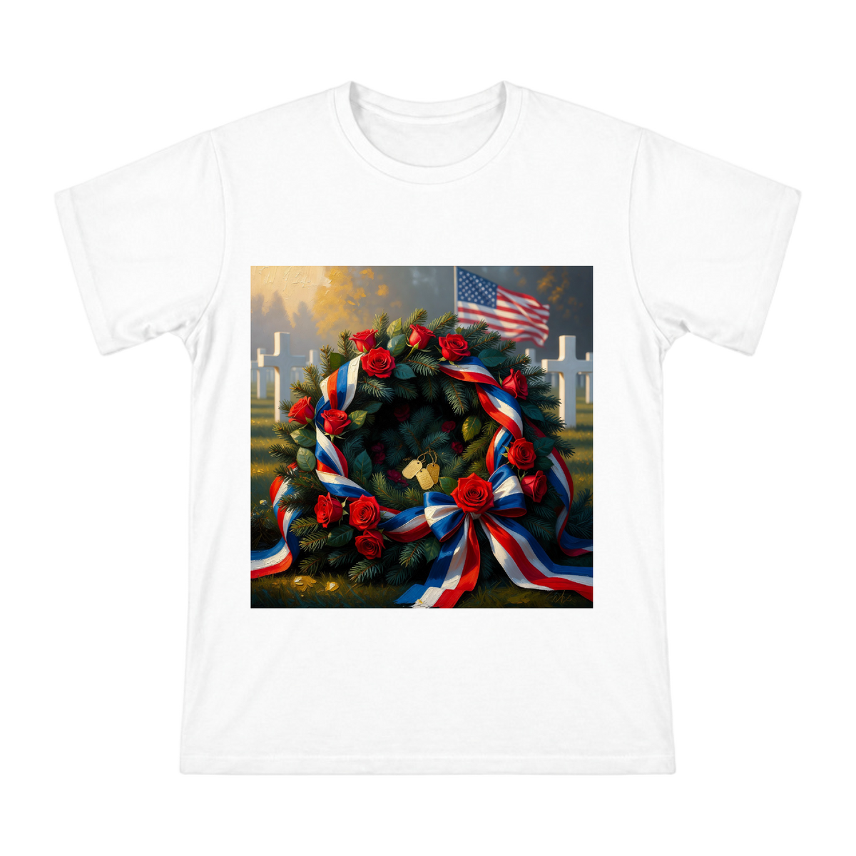 Veterans Day Memorial Wreath with Dog Tags and American Flag Men's Short Sleeve T-Shirt front [ai-pod:b5514088939efd9b63b925a16d745eea]