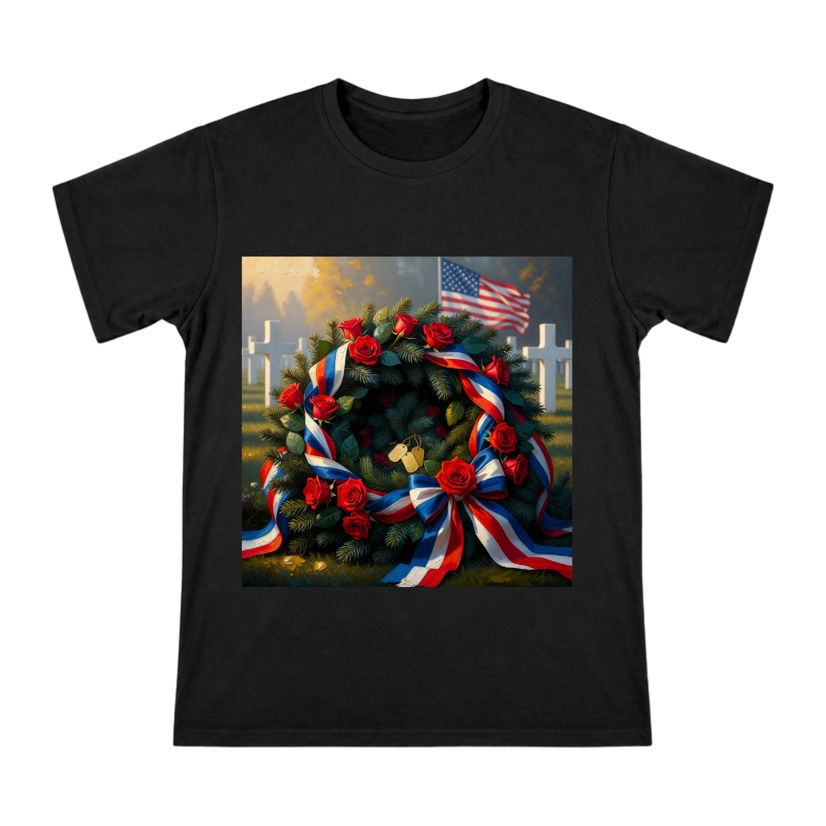Veterans Day Memorial Wreath with Dog Tags and American Flag Men's Short Sleeve T-Shirt front [ai-pod:fce6c8538081a5dfa4e4b6409ca68154]