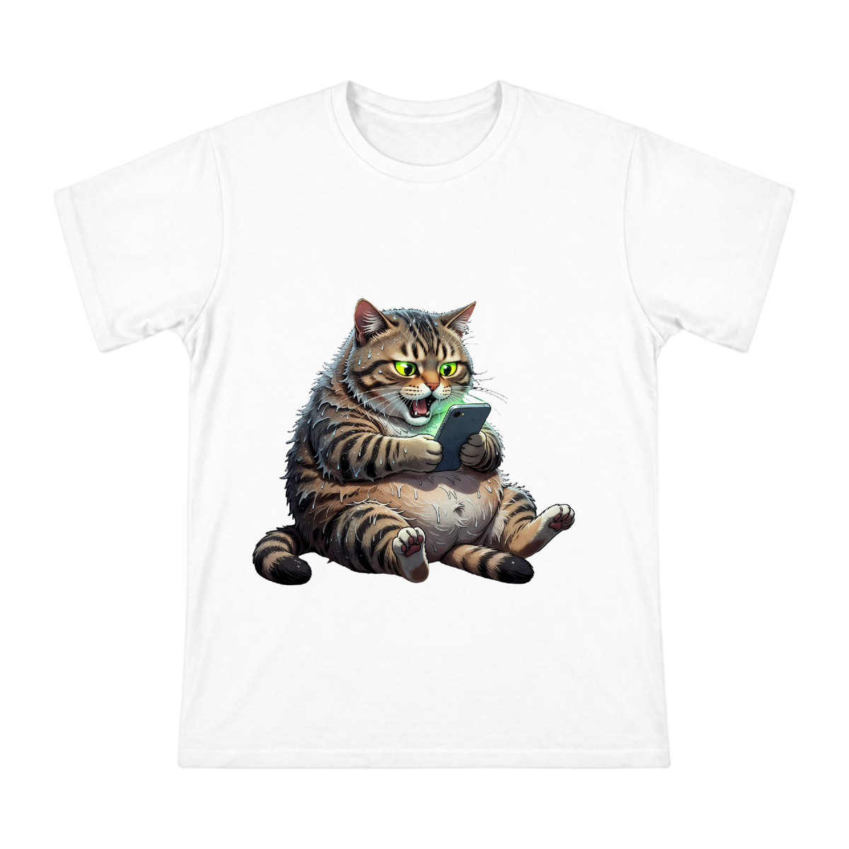 Exhausted Overweight Cat Staring at Phone Glow — Men's Heavyweight Cotton T-Shirt (Front-Print Only) front [ai-pod:37204158a6fc34a50b3d5175b434f5d8]
