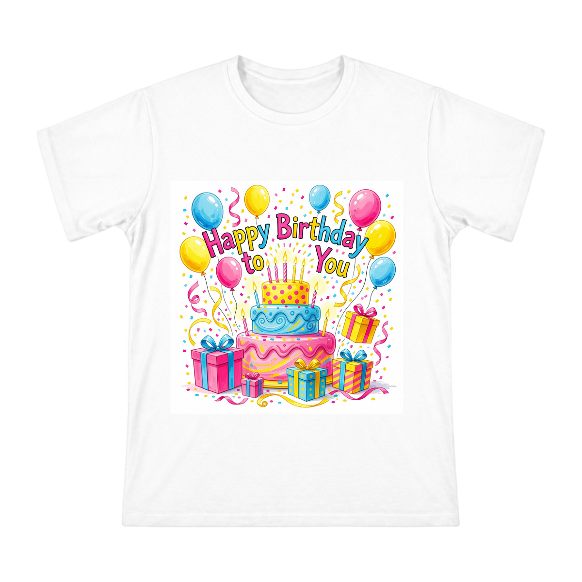 Colorful Balloon and Three-Tier Cake Birthday Celebration Illustration Men's Short Sleeve T-Shirt front [ai-pod:494f8de1167cc3a76426d23fa340fb88]