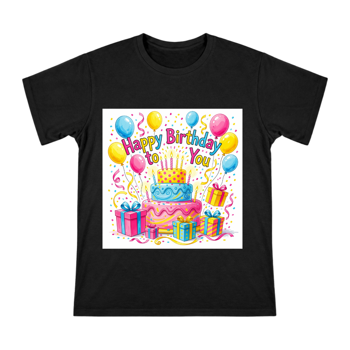 Colorful Balloon and Three-Tier Cake Birthday Celebration Illustration Men's Short Sleeve T-Shirt front [ai-pod:a0063c014915a603fdb56322d3de1118]