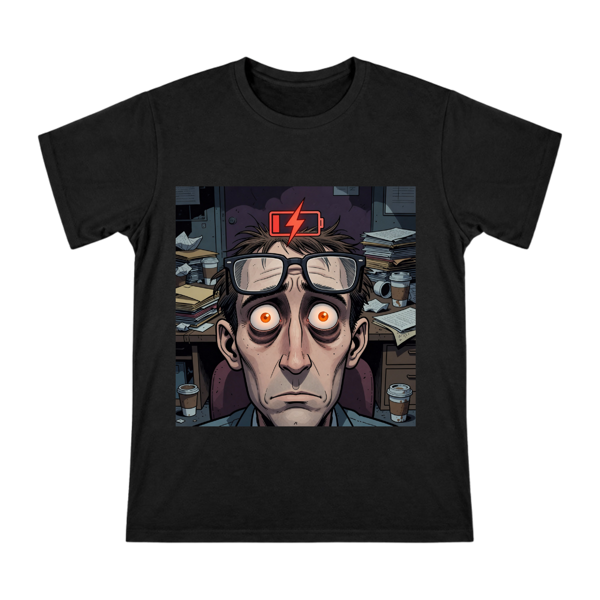 Low Battery Warning: Exhausted Office Worker Comic T-Shirt front [ai-pod:3b720b0e3b2c140e793de7e51fb7b158]
