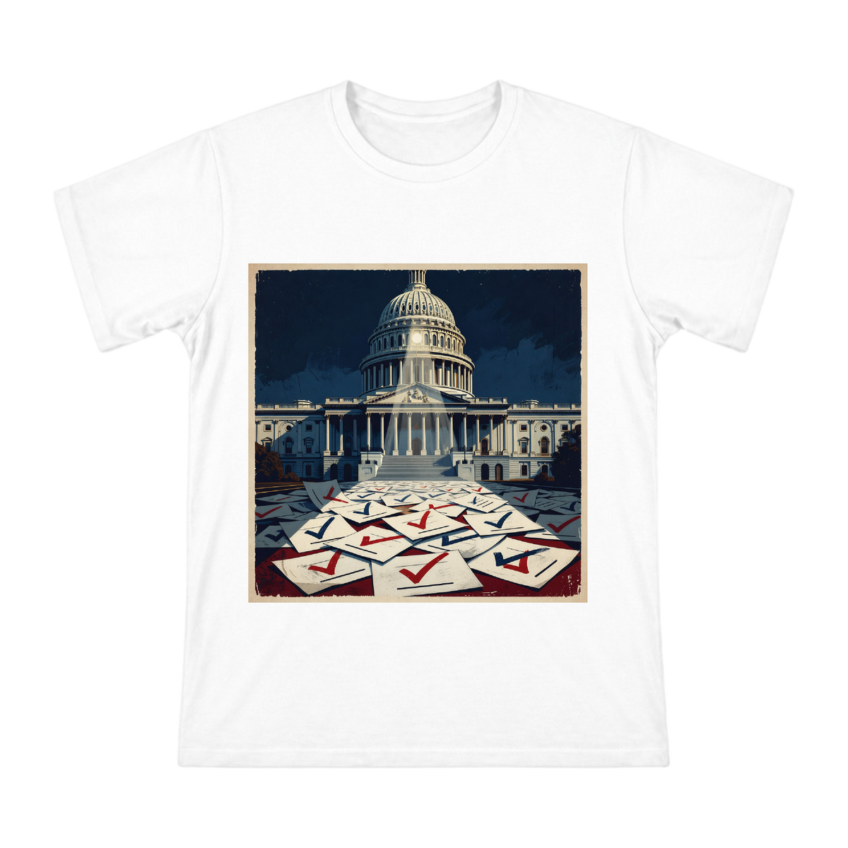 Vintage Capitol Dome and Ballots Men's Custom Print T-Shirt front [ai-pod:d7c63aff0151ae1c6276779517c95ffc]