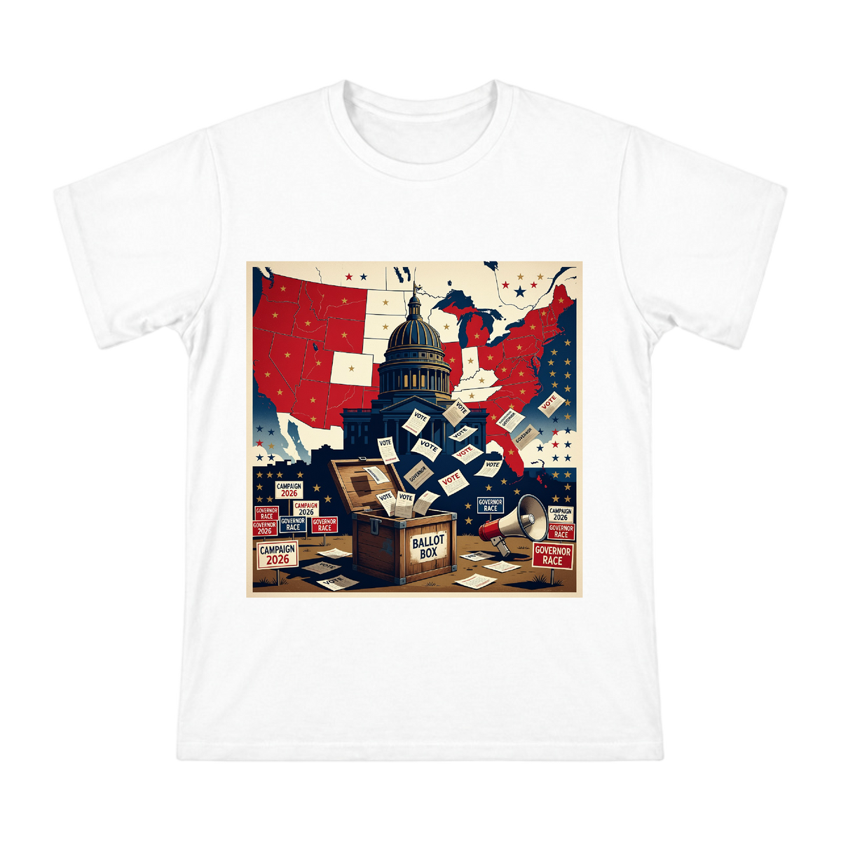 2026 US Gubernatorial Election Vintage Political Illustration Men's Short Sleeve T-Shirt front [ai-pod:c014a77b32bb7a48a15c8f4c1962e9b8]