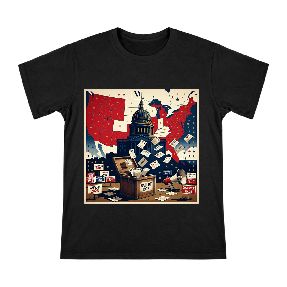 2026 US Gubernatorial Election Vintage Political Illustration Men's Short Sleeve T-Shirt front [ai-pod:927e3281e106fd0fcc186c6fc6608adf]