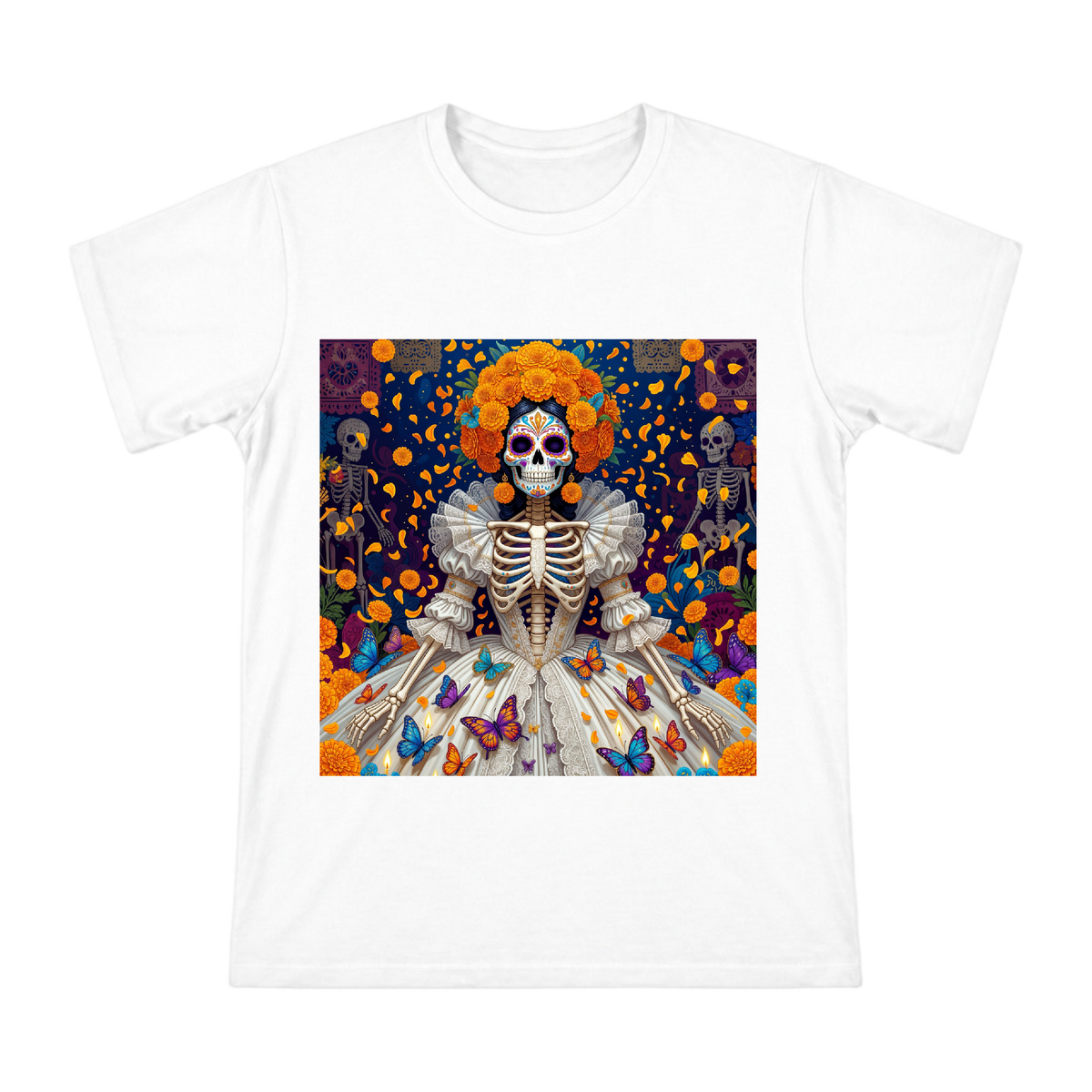 Day of the Dead Calavera with Marigolds and Butterflies Men's Cotton T-Shirt front [ai-pod:bc0bb757fd93dcf36b9c2a1569b53195]
