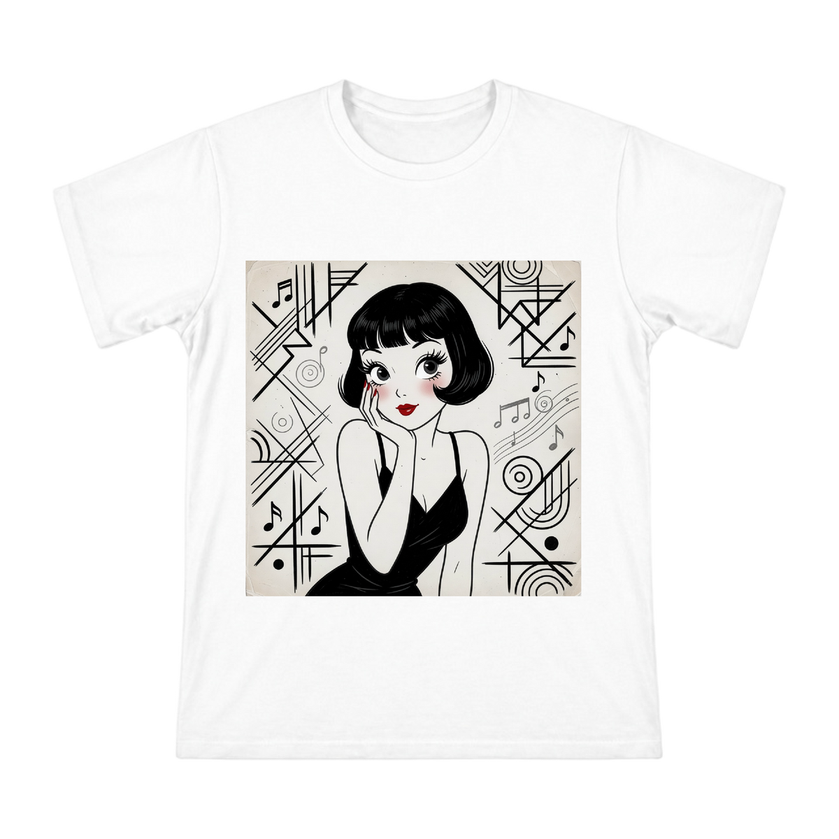 Vintage Jazz Diva with Abstract Musical Notes Men's Short Sleeve T-Shirt front [ai-pod:b408edf30f781e9e3bf8e86dcece5295]