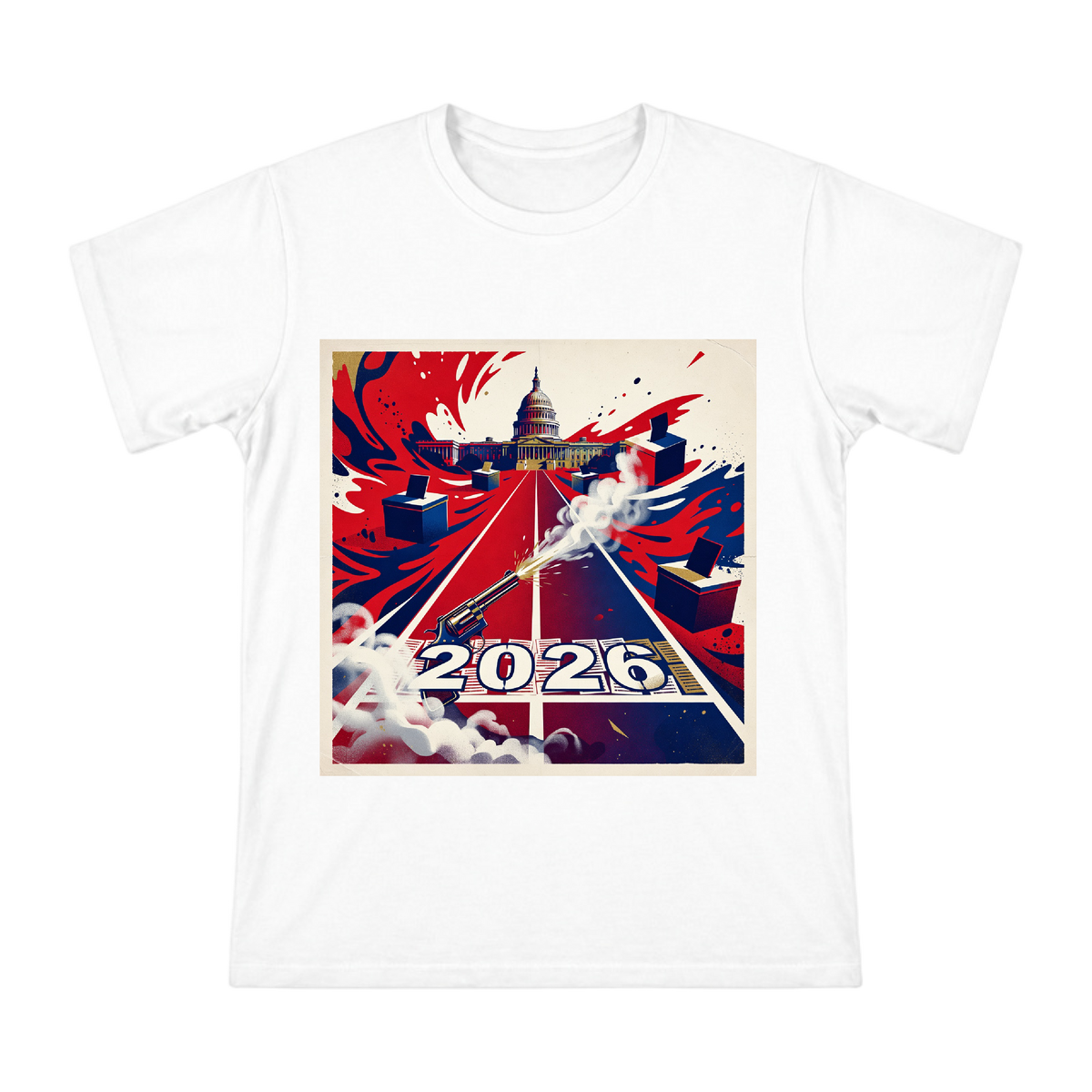 2026 Political Campaign Track and Starting Gun Retro Illustration Men's Cotton T-Shirt front [ai-pod:e934d25f670c30db67b1cbcc7565f399]