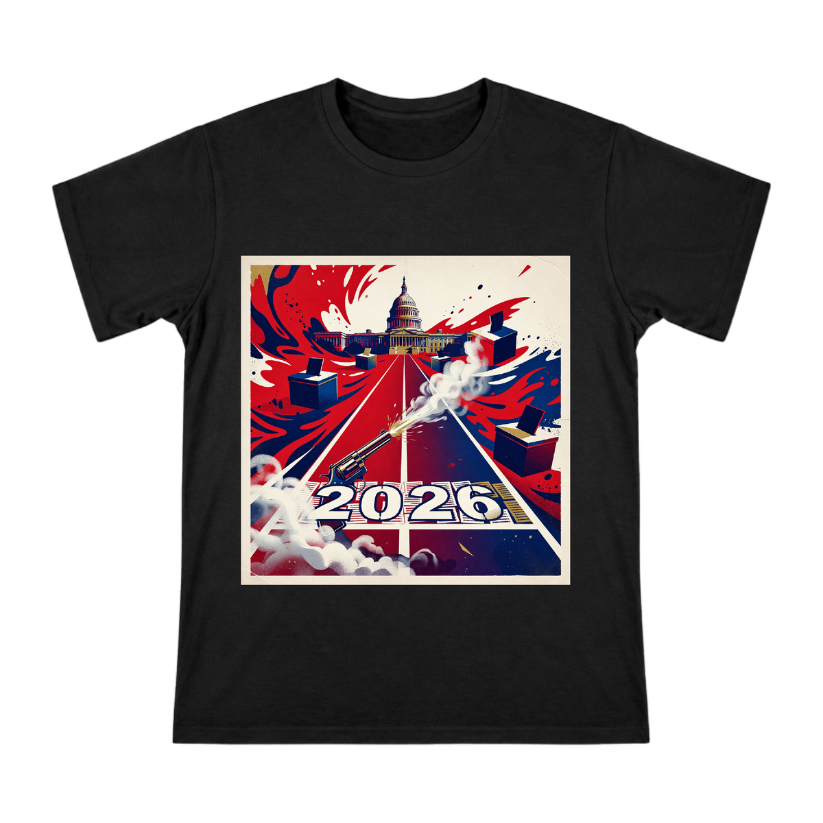 2026 Political Campaign Track and Starting Gun Retro Illustration Men's Cotton T-Shirt front [ai-pod:4ffd3b7ebe903c836799252c2f5b8902]