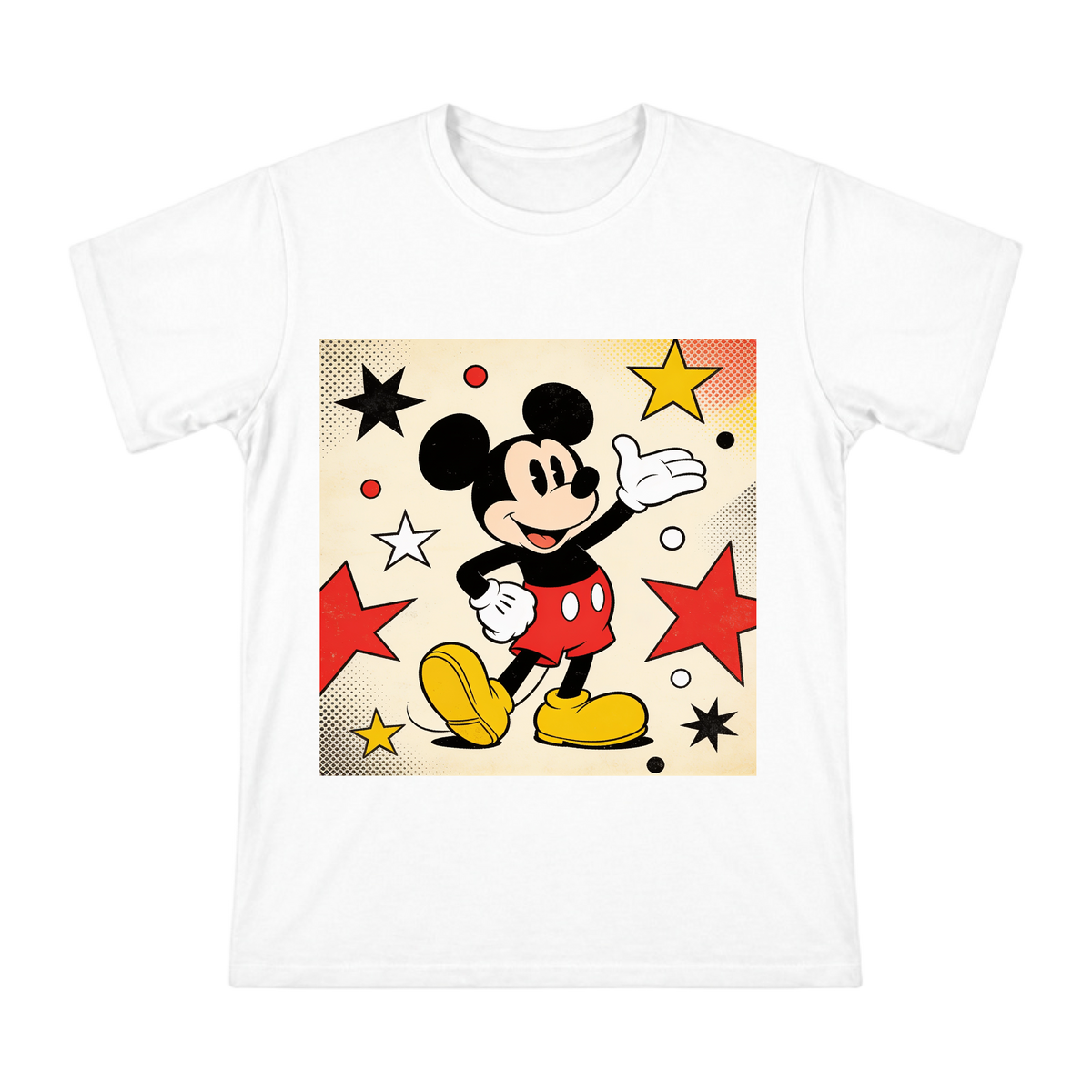Retro Pop Art Mickey Mouse Waving Print Men's Cotton T-Shirt front [ai-pod:e2ff8c2dac7f328e67ee9e895e8bf2d0]
